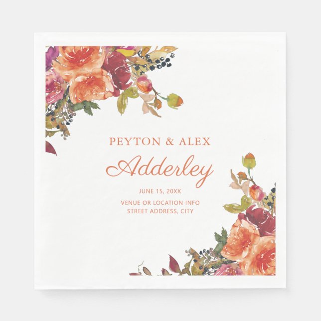 Orange Burgundy Rust Watercolor Floral Wedding Napkin (Front)
