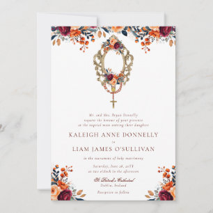 Orange Burgundy Rustic Floral Catholic Wedding Invitation