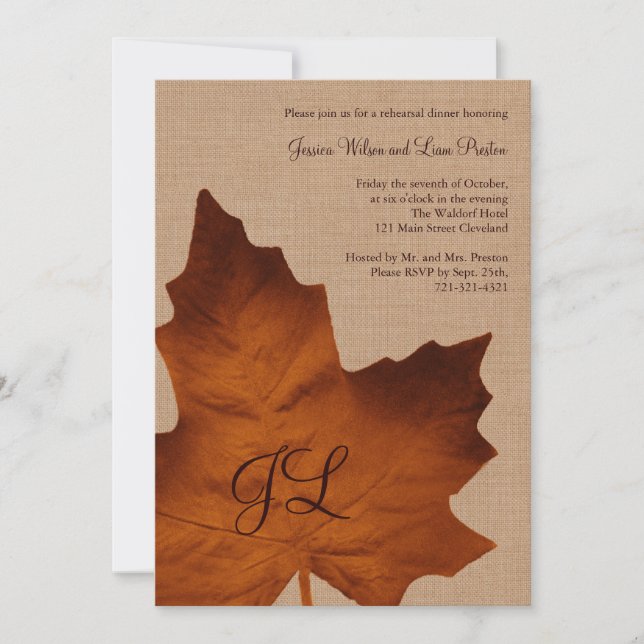 Orange Burlap Monogrammed Rehearsal Dinner Invitation (Front)