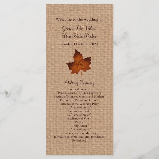 Orange Burlap Monogrammed Wedding Program (Front)