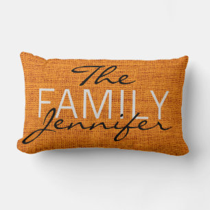 Orange Burlap Rustic Linen Monogram Lumbar Cushion