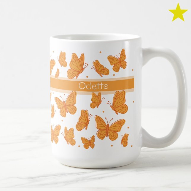 Orange Butterflies & Dots Custom Name Monogram Coffee Mug (Creator Uploaded)