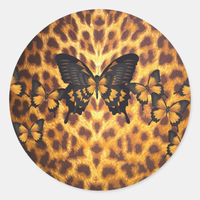 ORANGE BUTTERFLIES ON LEOPARD PRINT CLASSIC ROUND STICKER (Front)