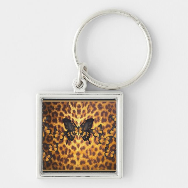 ORANGE BUTTERFLIES ON LEOPARD PRINT KEY RING (Front)