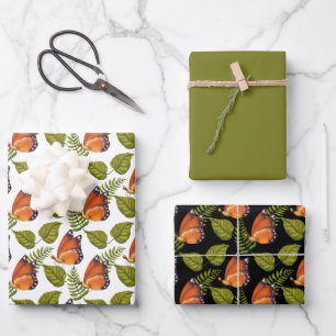 Orange Butterflies on White & Black Wrapping Paper Sheet