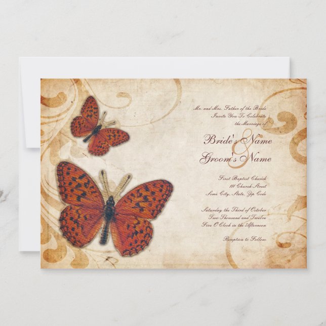 Orange Butterflies Vintage Wedding Invitations (Front)