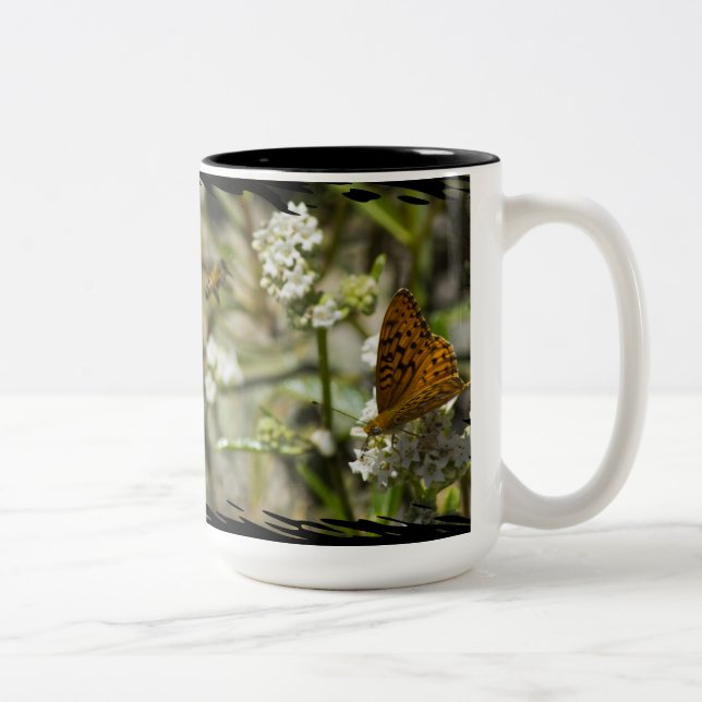Orange Butterfly and Bee Black Border Two-Tone Coffee Mug (Right)