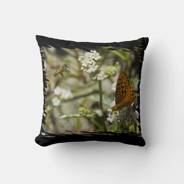 Orange Butterfly and Bee Black Edge Cushion (Front)