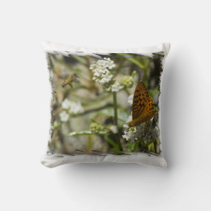 Orange Butterfly and Bee White Edge Cushion