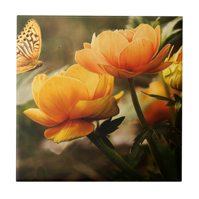 Orange Butterfly and Flowers Ceramic Tile (Front)