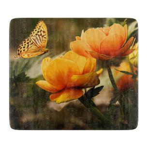 Orange Butterfly and Flowers Cutting Board