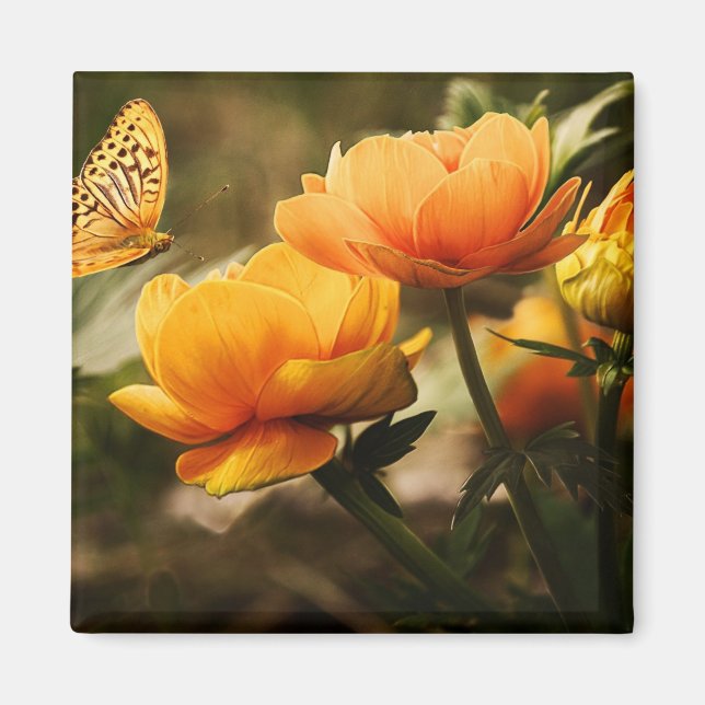 Orange Butterfly and Flowers Magnet (Front)