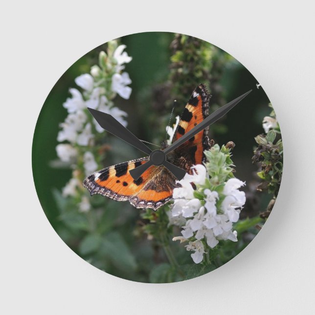 Orange Butterfly and White Blossoms Round Clock (Front)