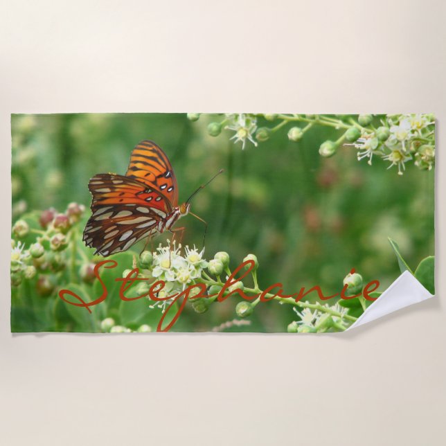 Orange Butterfly Beach Towel with Name (Front)
