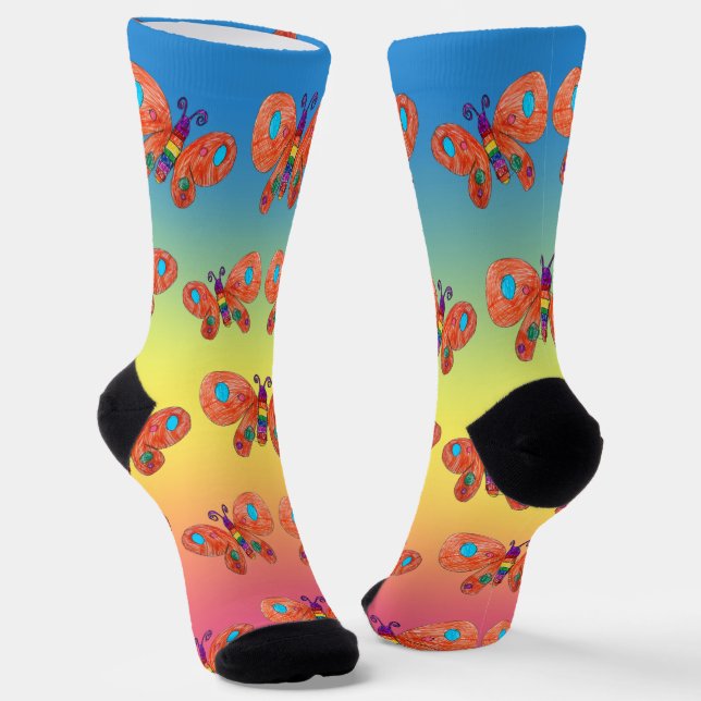 Orange Butterfly Crew Socks (Angled)