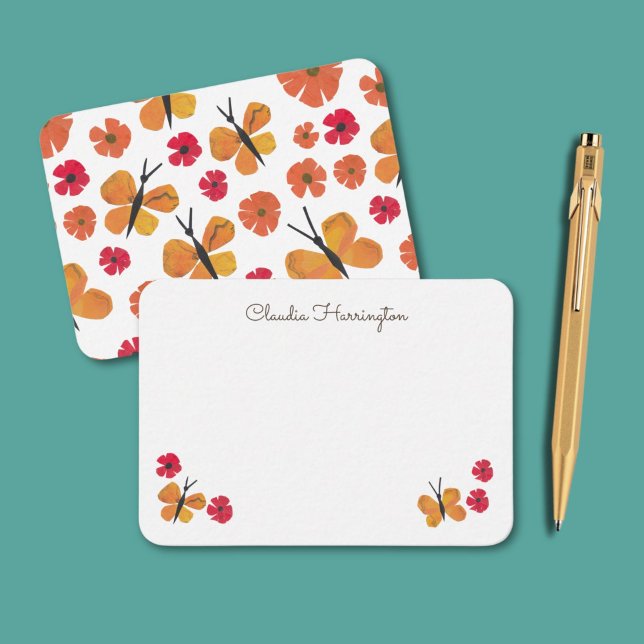 Orange Butterfly Cute Butterflies Poppies Pattern Card (Orange butterflies and red poppies, my original art, make these retro note cards pop! )