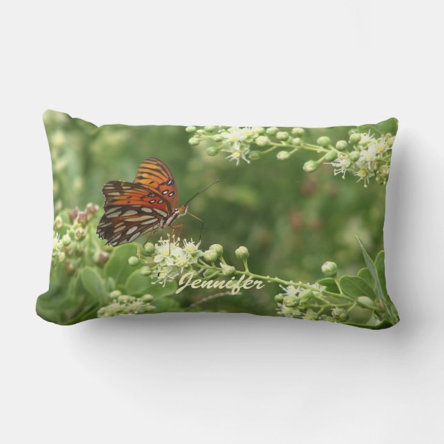 Orange Butterfly Green Personalised Name Lumbar Cushion (Front)