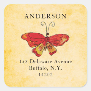 Orange Butterfly Hand-Drawn Gold Return Address Square Sticker