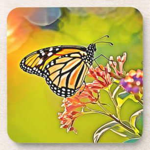 Orange Butterfly on Pink Blossom Design Coaster