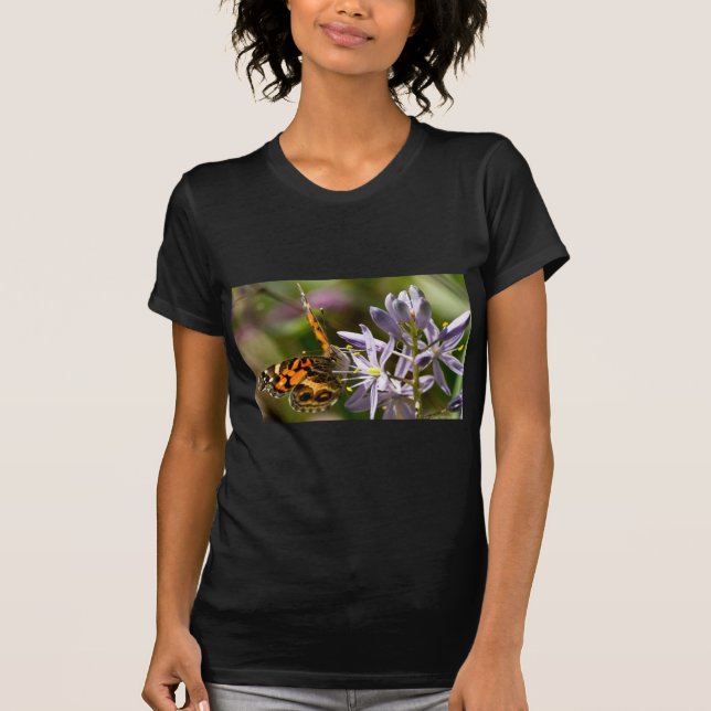 Orange Butterfly on Wild Hyacinth Apparel & Gifts T-Shirt (Front)