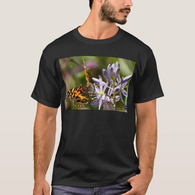 Orange Butterfly on Wild Hyacinth Apparel & Gifts T-Shirt (Front)