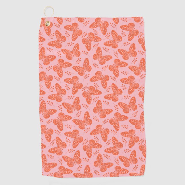 Orange butterfly pattern on pink background golf towel (Front)