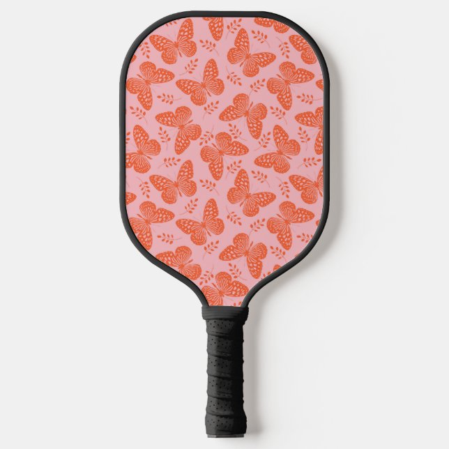 Orange butterfly pattern on pink background pickleball paddle (Front)