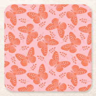 Orange butterfly pattern on pink background square paper coaster