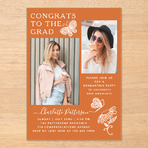 Orange Butterfly Photo Graduation Party Acrylic Invitations