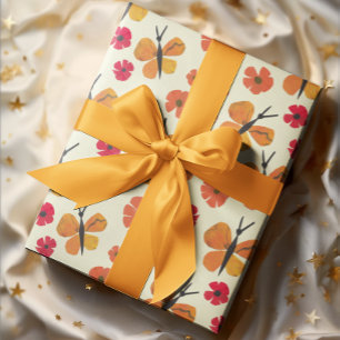 Orange Butterfly Red Poppy Cute Retro Earth-Toned Wrapping Paper