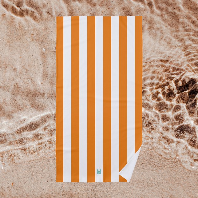 Orange Cabana Stripe & Personalised Teal Monogram Beach Towel (Creator Uploaded)