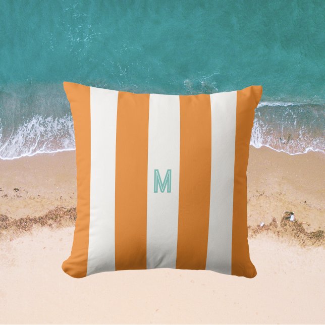 Orange Cabana Stripe & Personalised Teal Monogram Cushion (Creator Uploaded)