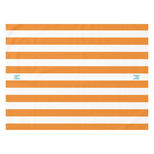 Orange Cabana Stripe & Personalised Teal  Monogram Tablecloth (Front (Horizontal))