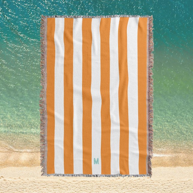 Orange Cabana Stripe & Personalised Teal Monogram Throw Blanket (Creator Uploaded)