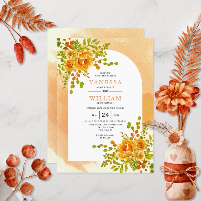 Orange cactus flowers soft terracotta arch wedding invitation (Creator Uploaded)