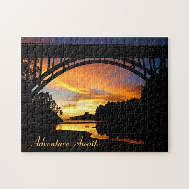 Orange California Coastal Sunset Under Bridge Jigsaw Puzzle (Horizontal)
