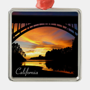 Orange California Coastal Sunset Under Bridge Metal Ornament