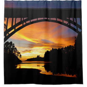 Orange California Coastal Sunset Under Bridge Shower Curtain