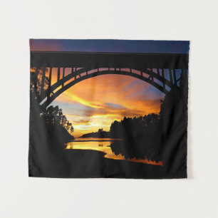 Orange California Coastal Sunset Under Bridge Tapestry