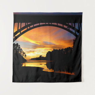 Orange California Coastal Sunset Under Bridge Tapestry