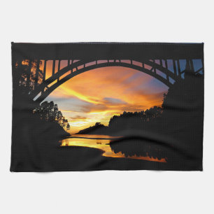 Orange California Coastal Sunset Under Bridge Tea Towel