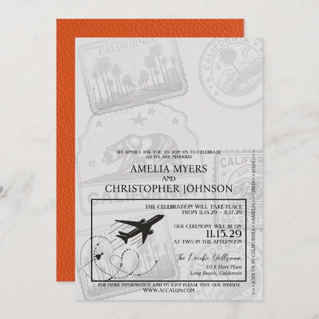 Orange California Passport Wedding Invitation (Front/Back)