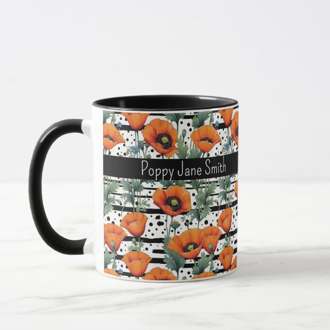 Orange California Poppies Black and White Stripes Mug (Left)
