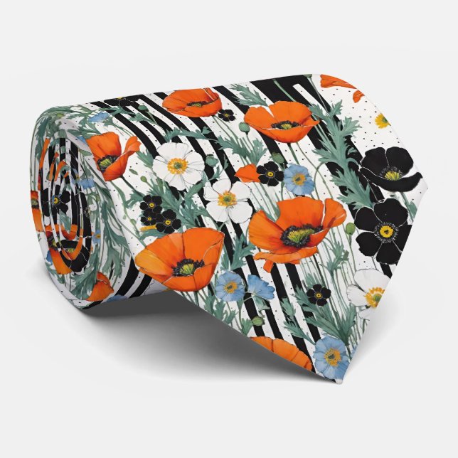 Orange California Poppies & Black Stripes Tie (Rolled)