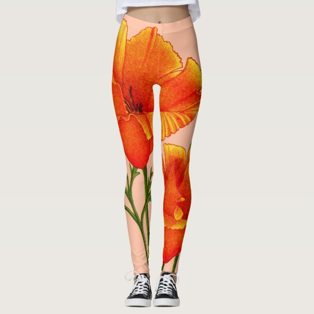 orange California poppy print Leggings (Front)