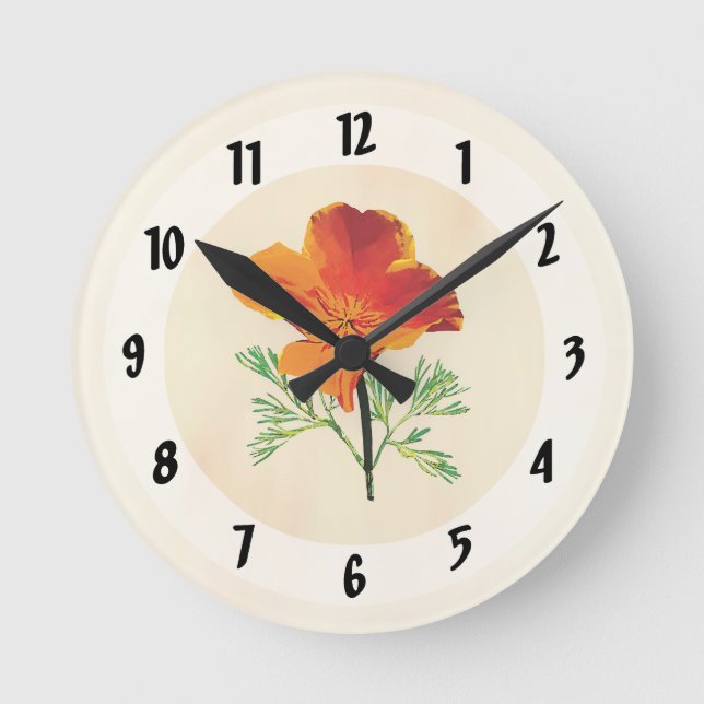 Orange California Poppy Round Clock (Front)