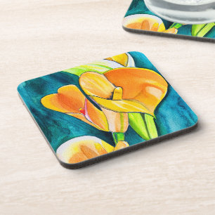Orange Calla lily flower watercolor art Coaster