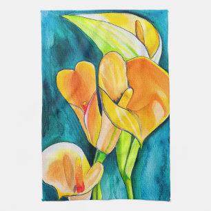 Orange Calla lily flower watercolor art Tea Towel