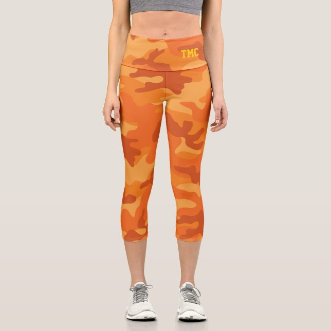 Orange Camo Yellow Monogram Initials Colourful Fun Capri Leggings (Front)