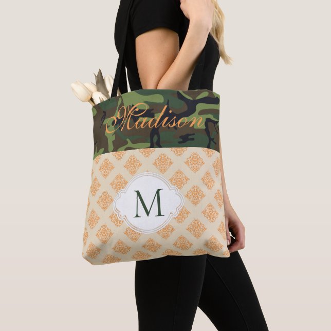 Orange Camouflage Damask Trendy Initial Monogram Tote Bag (Close Up)